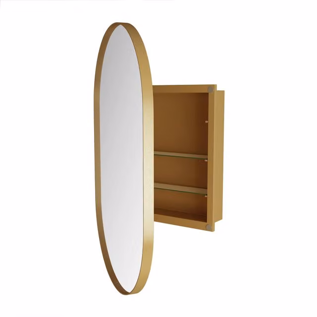 Armadio a specchio ovale B&F da parete con funzione anti-appannamento e ripiani interni, Oro, H 85 x L 51,5 x P 12 cm