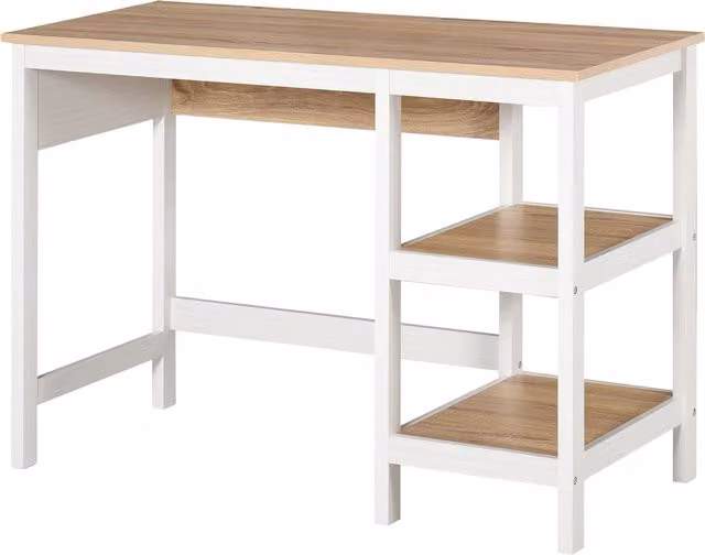 Scrivania per Computer Multimediale HOMCOM con 2 Ripiani Laterali in MDF, Rovere Chiaro e Bianco, L: 110 cm, P: 48 cm, H: 76 cm