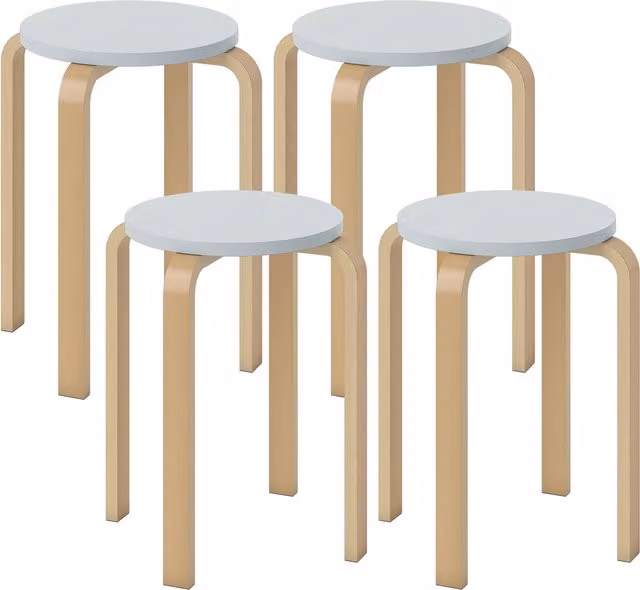 Set di 4 sgabelli rotondi impilabili HOMCOM in legno e tessuto grigio, Ø40 x H45 cm