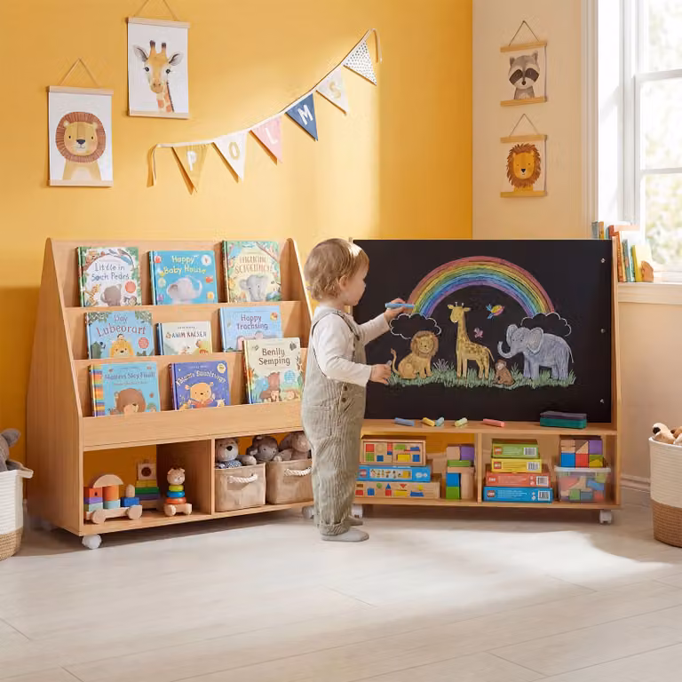 Libreria Montessori Costway con lavagna e ruote per bambini in legno naturale marrone