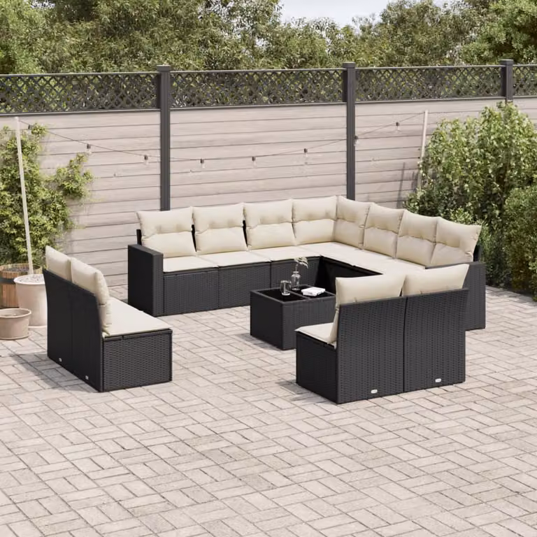 Set di divani da giardino vidaXL in polyrattan nero con cuscini e tavolino da esterno a forma di U