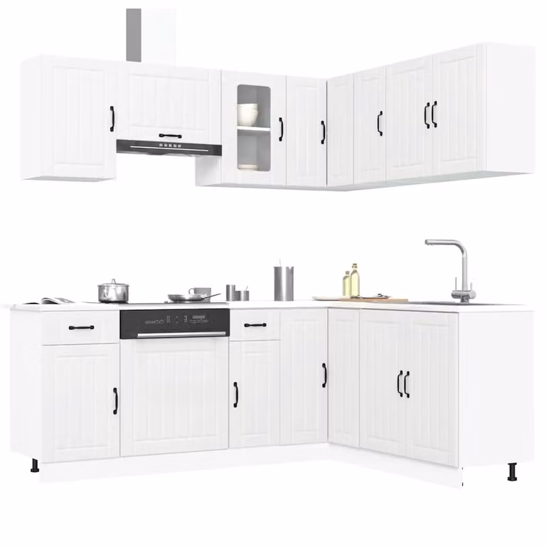 Set di mobili da cucina moderno vidaXL Lucca composto da 11 pezzi in legno e vetro, colore bianco opaco
