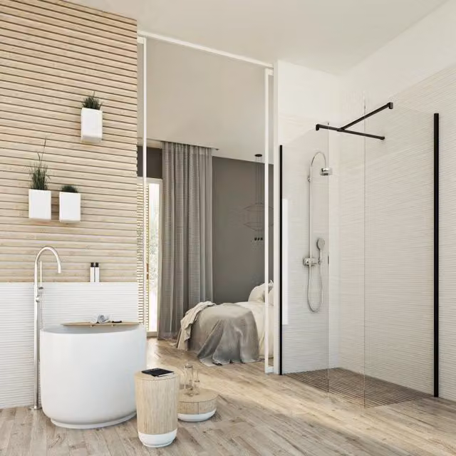 Box doccia Walk in Black Corner IDRALITE in vetro trasparente da 8 mm, L: 140 cm, H: 198 cm, colore nero
