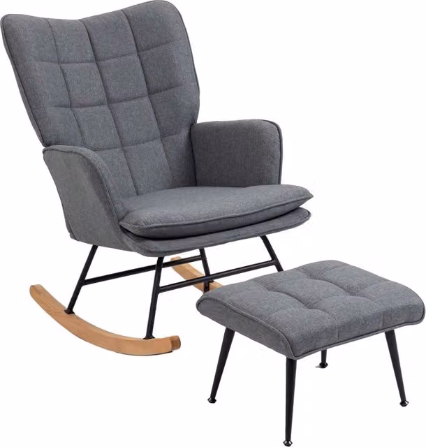 Sedia a Dondolo Xylo con Pouf e Braccioli in Tessuto Effetto Lino Grigio e Legno