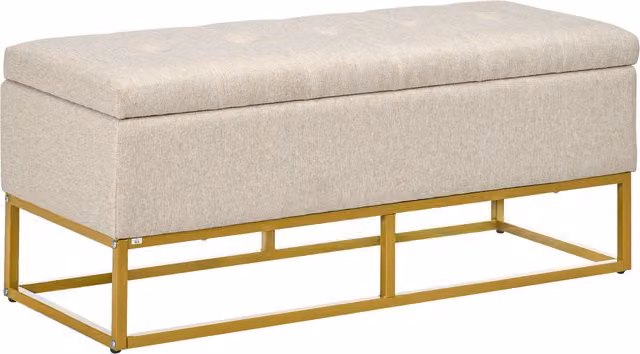 Panca con contenitore HOMCOM in poliestere trapuntato beige con gambe in metallo oro L 110 x P 44 x H 48 cm