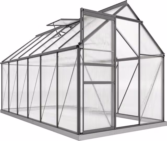 Serra da giardino Outsunny in policarbonato trasparente con telaio in lega di alluminio grigio, superficie di 7.1 m2, dotata di grondaie, finestre apribili regolabili e porta scorrevole