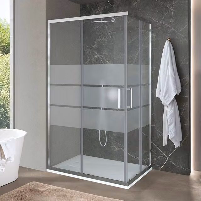 Box doccia angolare Ted con doppio sistema scorrevole in vetro serigrafato bianco e trasparente L 150 x P 70 x H 200 cm