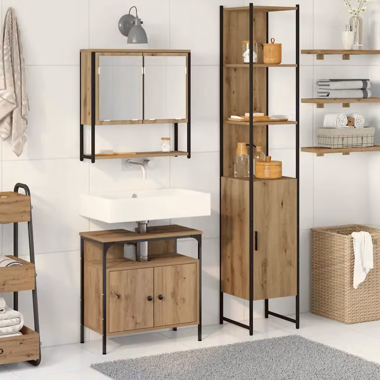 Set di mobili per il bagno moderno vidaXL in 3 pezzi color rovere marrone con armadietto a specchio, mobile lavabo e colonna alta