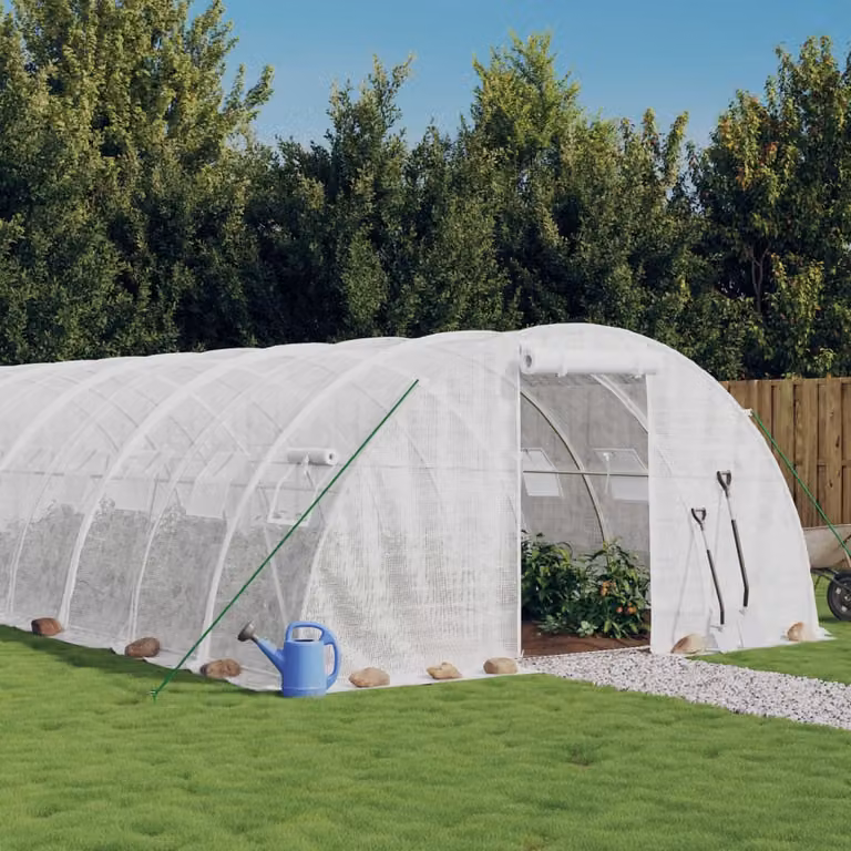 Serra vidaXL con telaio in acciaio galvanizzato bianco e copertura in policarbonato, L: 14 m, P: 4 m, H: 2 m