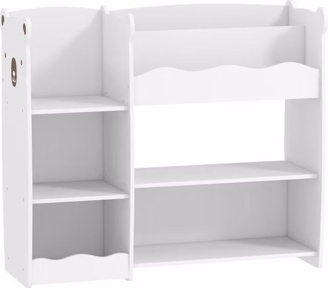 Scaffale per giocattoli AIYAPLAY con design orsetto e ripiani aperti, organizer per bambini in bianco