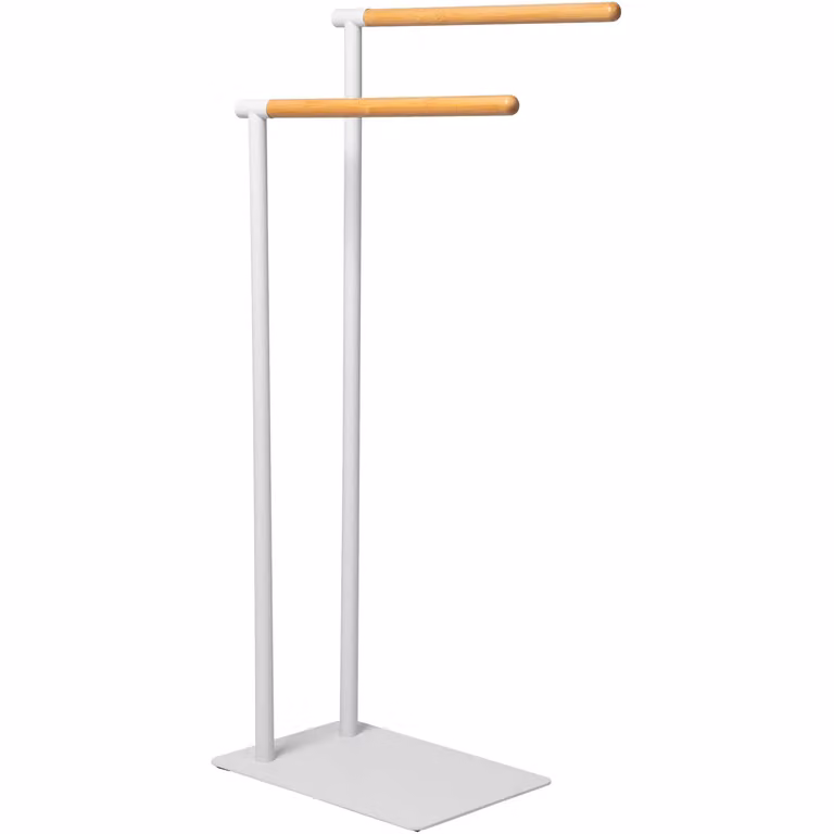 Piantana portasciugamani VESTIAMO CASA a 2 posti in acciaio inox bianco con elementi in bamboo H 77 cm x L 37 cm x P 20 cm