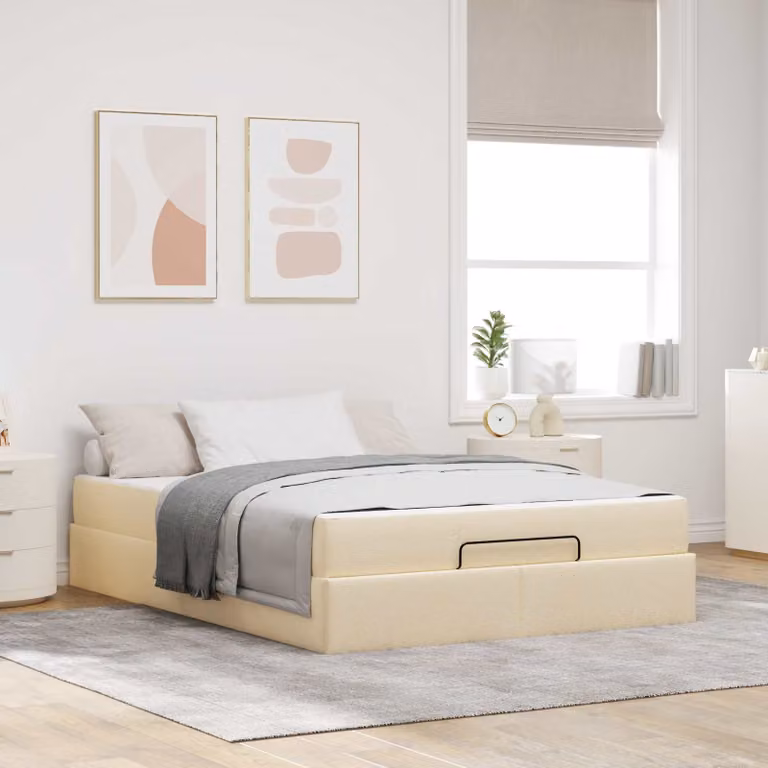 Set letto vidaXL con struttura imbottita in tessuto e 2 materassi in schiuma, colore beige, L/P/H: 200 x 160 x 43,5 cm