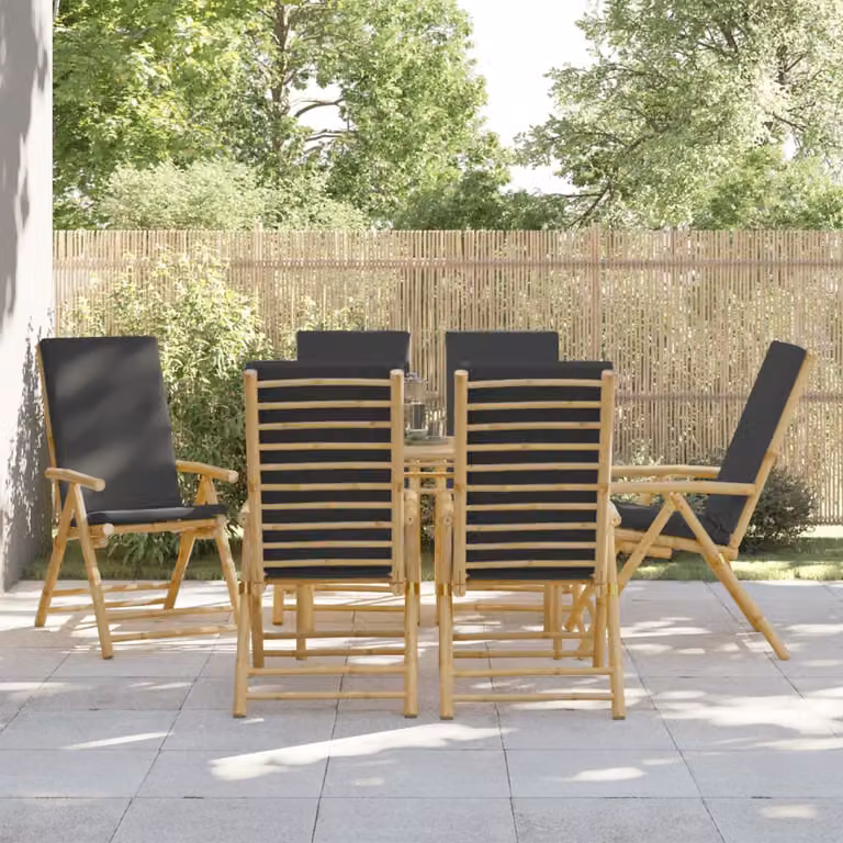 Set di 6 sedie da giardino reclinabili vidaXL in bambù con cuscini grigi e braccioli