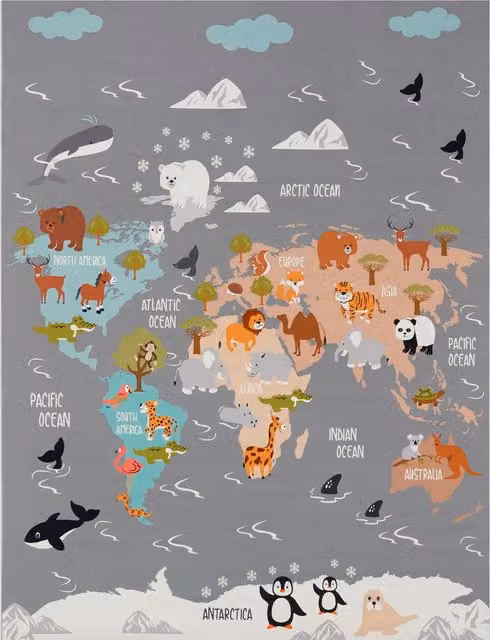 Tappeto per bambini Bini grigio con motivo animalier, L: 200 cm, P: 290 cm