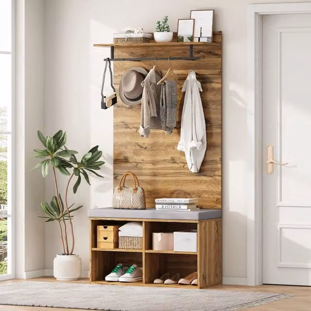 Set di mobili da ingresso MIVRAY in rovere marrone con panca imbottita, ripiano regolabile e asta appendiabiti, stile moderno, L: 84 cm, P: 35 cm, H: 175 cm