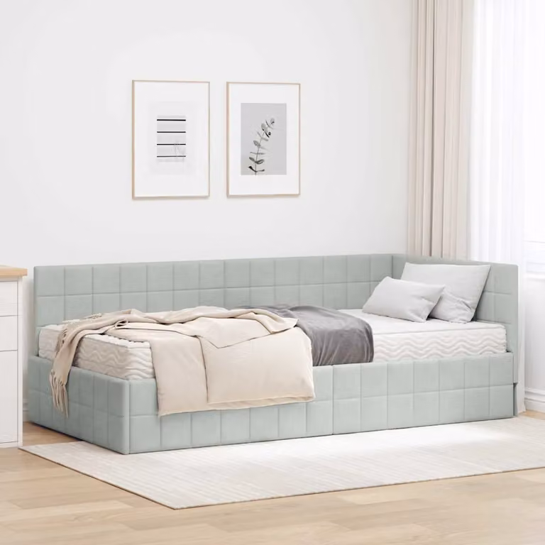 vidaXL Letto Angolare Moderno con 2 Materassi in Schiuma, Rivestimento in Velluto Grigio, L/P/H: 190 x 90 x 72 cm