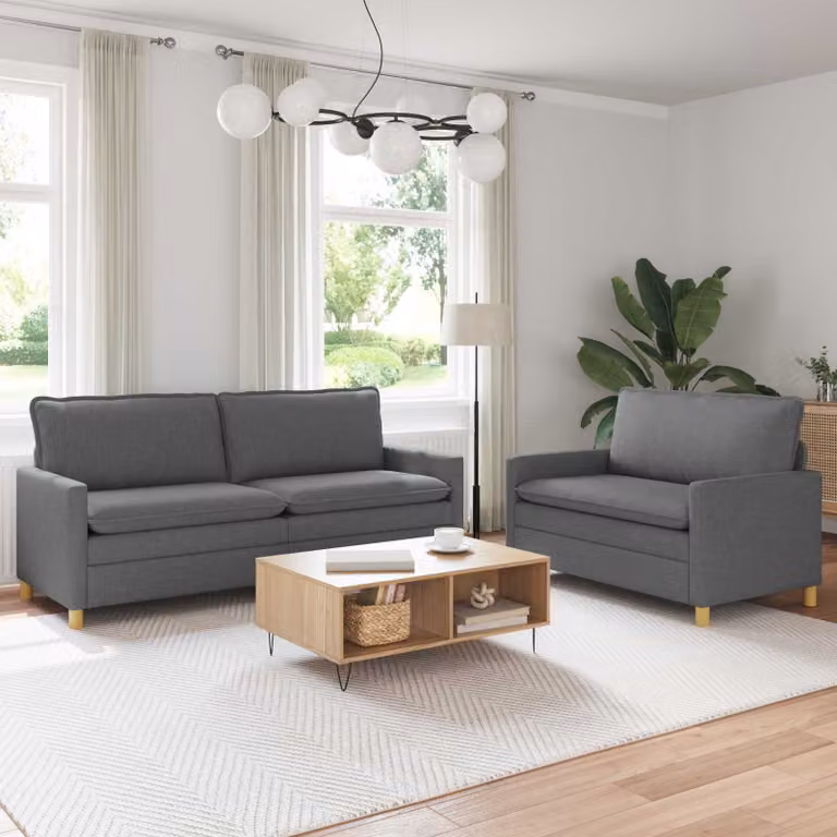 Set di divani moderno vidaXL da 5 posti in tessuto grigio e nero con struttura in metallo e cuscini inclusi per il tuo soggiorno