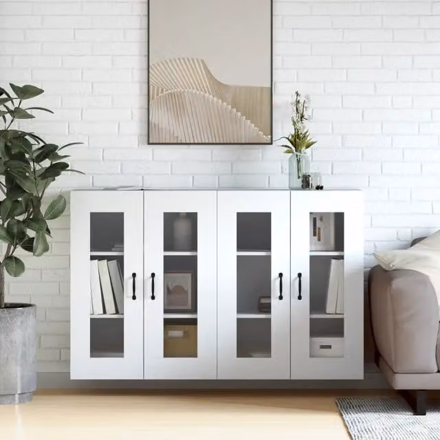 Set di 2 armadietti da parete vidaXL bianchi con ante in vetro e ripiani interni in legno e metallo