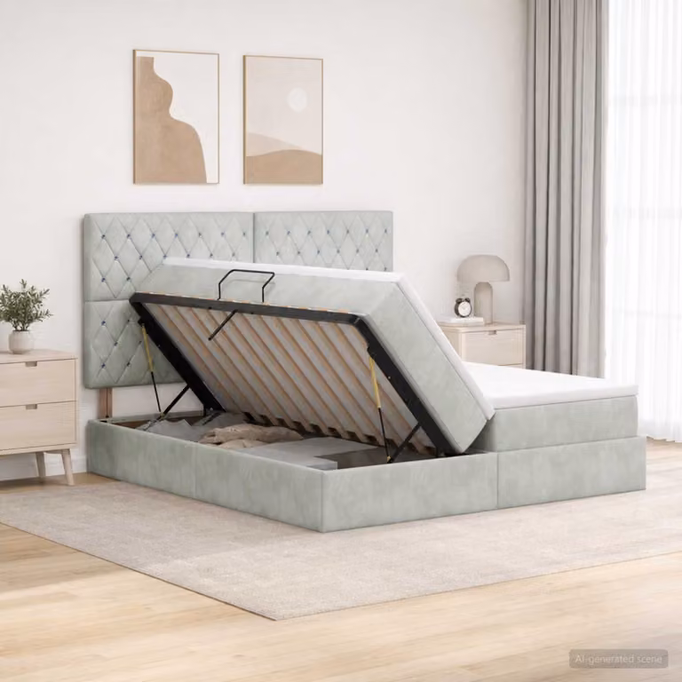 Letto con contenitore vidaXL in velluto grigio chiaro con base a sollevamento L/P/H: 200 x 200 x 140 cm