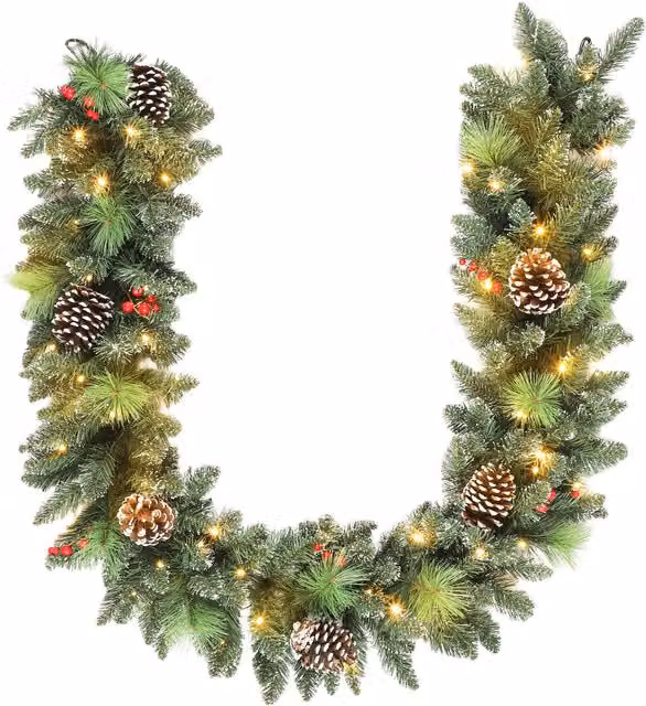 Ghirlanda Natalizia HOMCOM con Rami Innevati, 30 Luci LED Bianco Caldo, Pigne e Bacche, Lunghezza: 180 cm