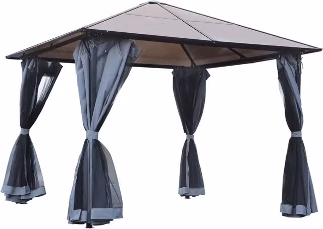 Gazebo da giardino Xylo con tetto in policarbonato e tende zanzariera, struttura in alluminio grigio scuro, L: 300 cm, P: 300 cm, H: 265 cm