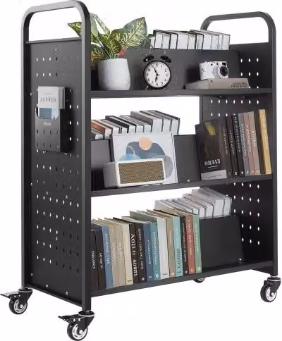 VEVOR Carrello Portalibri con Ruote Nero, Scaffale Rotante con Ripiani a W Bifacciali e Carico 150 kg, L/P/H: 97 x 51,5 x 122,5 cm