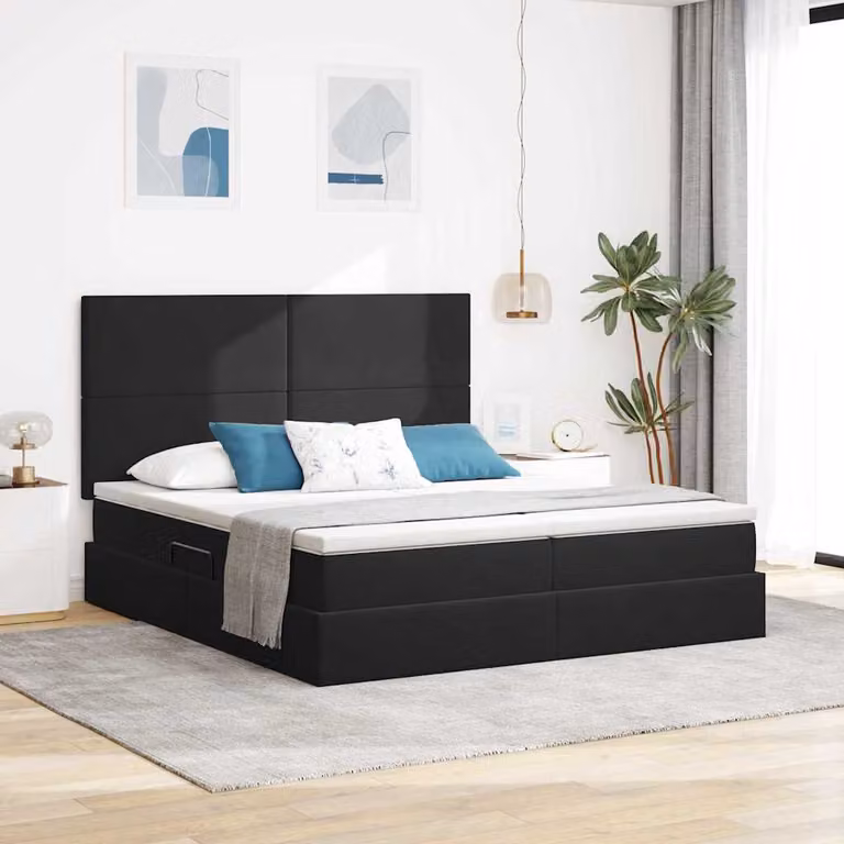 Letto moderno vidaXL con contenitore a sollevamento, illuminazione LED sottostante e porte di ricarica USB, rivestimento in velluto nero, L: 180 cm, P: 200 cm