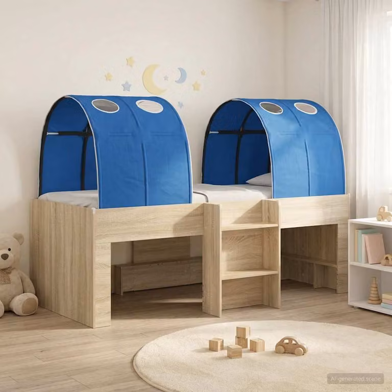 vidaXL Letto Alto per Bambini con Tunnel, 3 Pezzi, Rovere Sonoma e Blu, L: 203 cm, P: 120 cm, H: 111 cm