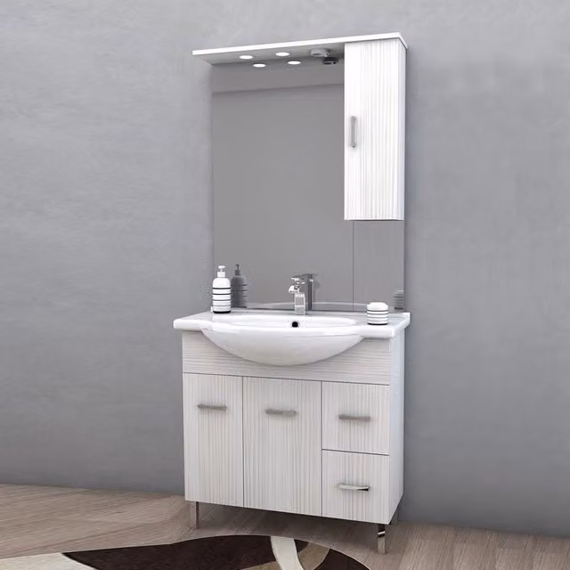 Mobile bagno Venice in larice bianco con lavabo, specchio con illuminazione LED e presa per rasoio, L: 85 cm, P: 50 cm, H: 190 cm
