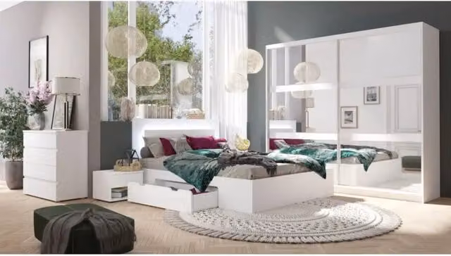 Set camera da letto NOFI Meublorama in legno bianco con letto 160x200 cm, doghe, 2 cassetti, comodini, armadio e cassettiera