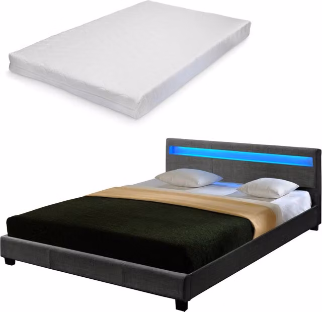 Letto Francese Corium con Testiera Alta, Illuminazione a LED e Materasso in Schiuma, Tessuto Grigio, 140x200 cm