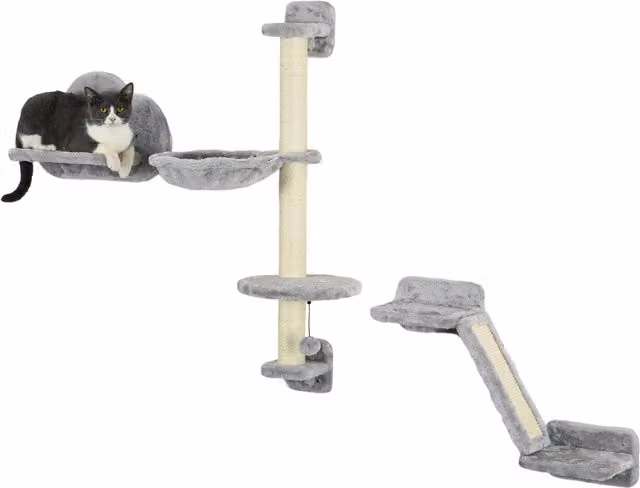 PawHut Set di 3 Mensole per Gatti con Amaca, Rampa e Tiragraffi a Forma di Nuvola, Grigio, H 96 x L 30 x P 30 cm