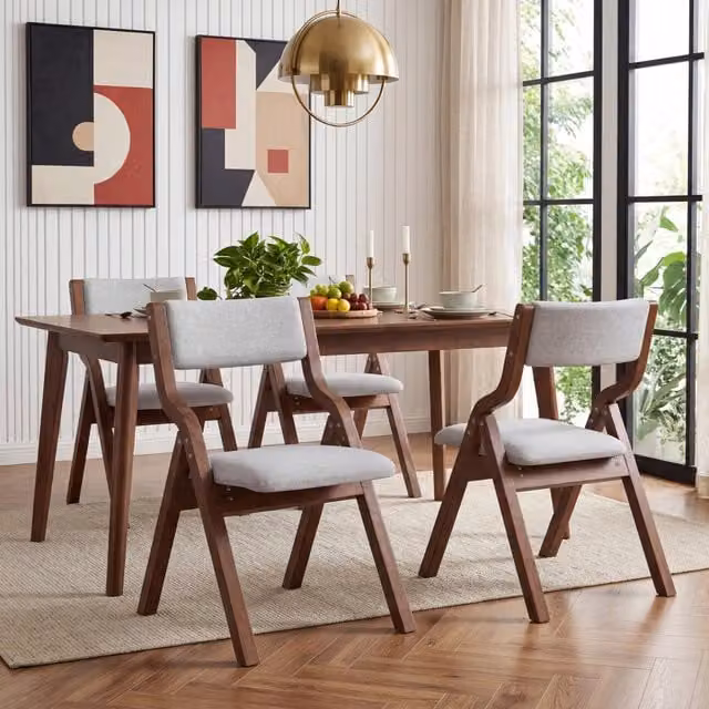 Set di 2 sedie da pranzo pieghevoli OKWISH in legno massiccio con imbottitura in lino grigio, modello moderno e salvaspazio