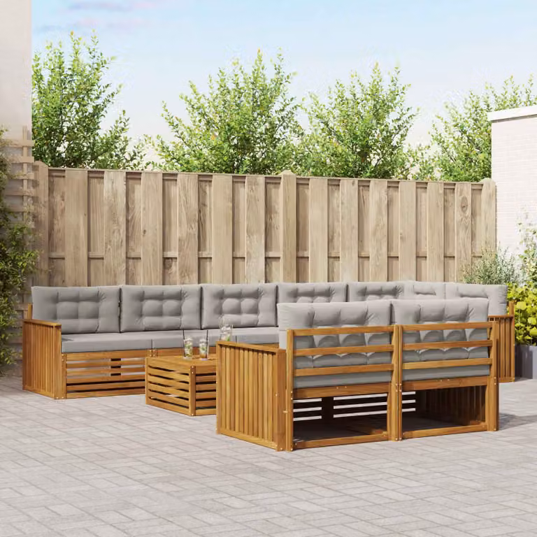 vidaXL Set di divani da esterno 9 pz in legno di acacia con cuscini e tavolino, Grigio e Marrone