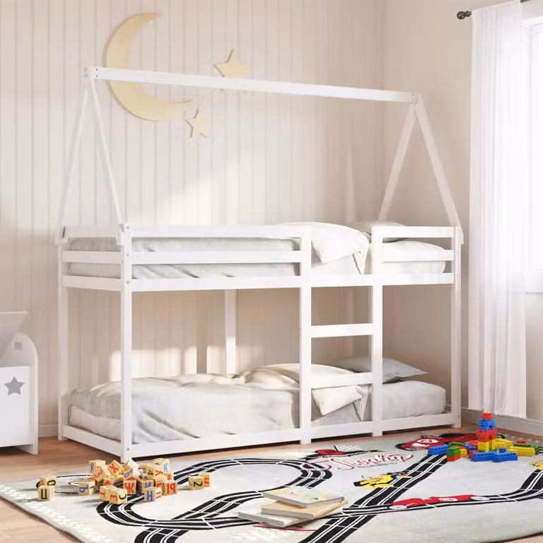 Letto a Castello vidaXL in Legno Massello di Pino con Tetto Bianco per Bambini L 200 x P 80 cm, H 190 cm