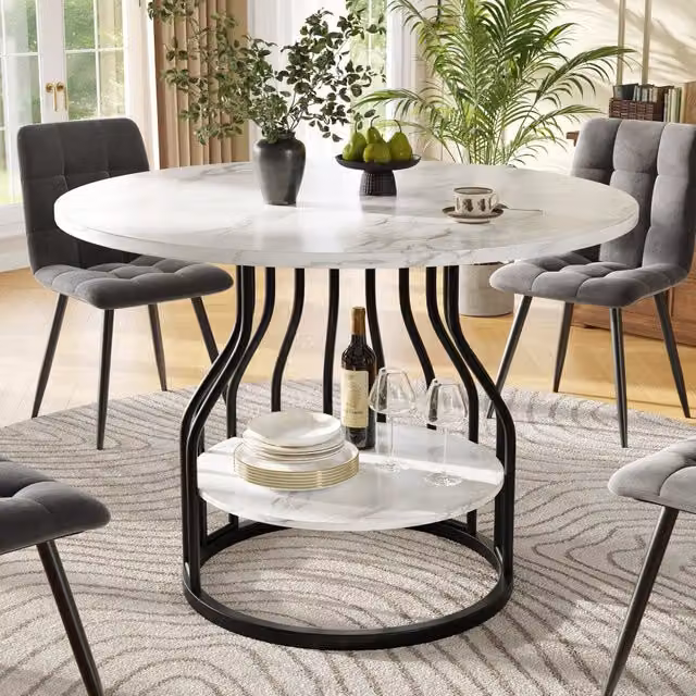 Tavolo da Pranzo Rotondo Minimal con Piano in MDF Effetto Marmo Nero, L: 80 cm, H: 76 cm, Ideale per 4 Persone