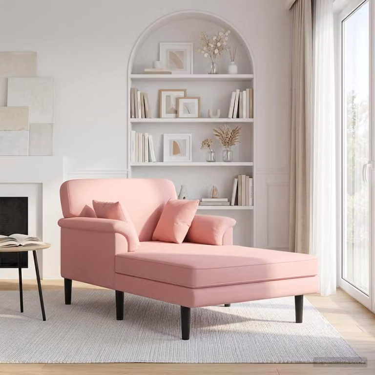 Chaise longue moderna vidaXL in velluto rosa con forma a L e cuscini inclusi, L/P/H: 174 x 101 x 90 cm