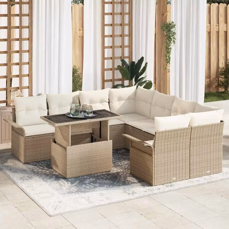 Set Divano da Giardino vidaXL a Forma di L in Polyrattan Beige con Cuscini e Tavolino da Esterno