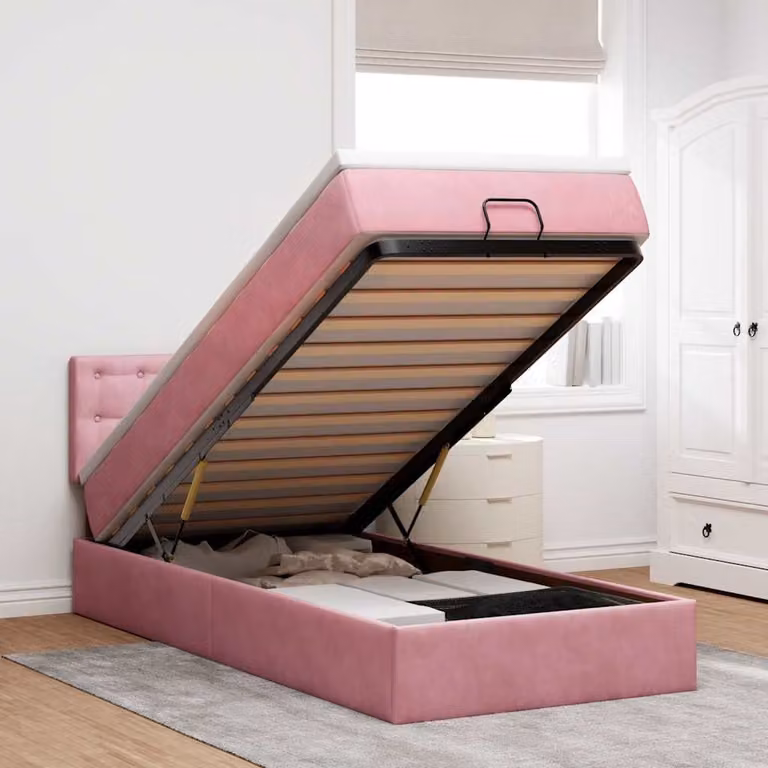 Struttura Letto con Pouf e Materasso vidaXL in Velluto Rosa e Bianco, L/P/H: 100 x 200 x 88 cm