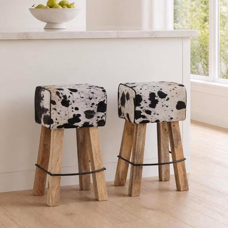 Set di 2 sgabelli da bar vidaXL con design animal print in bianco e nero, struttura in legno di mango e seduta imbottita, L/P/H: 44 x 33 x 74 cm