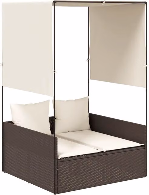 Lettino prendisole in polyrattan marrone con tenda parasole e tessuto resistente ai raggi UV