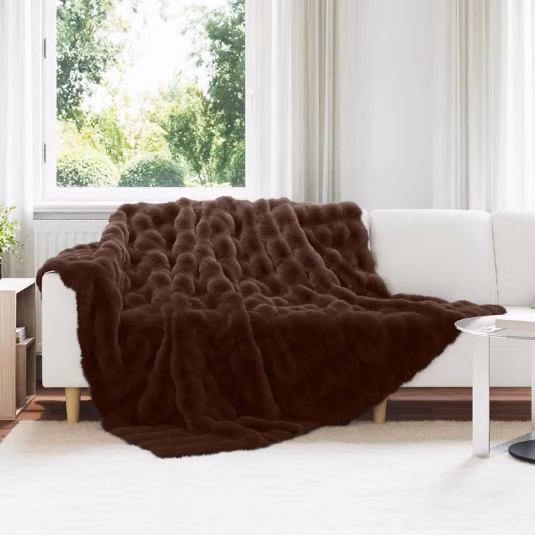 Set di 4 coperte antiscivolo vidaXL Olite in finta pelliccia di coniglio, colore marrone, L: 240 cm x P: 220 cm