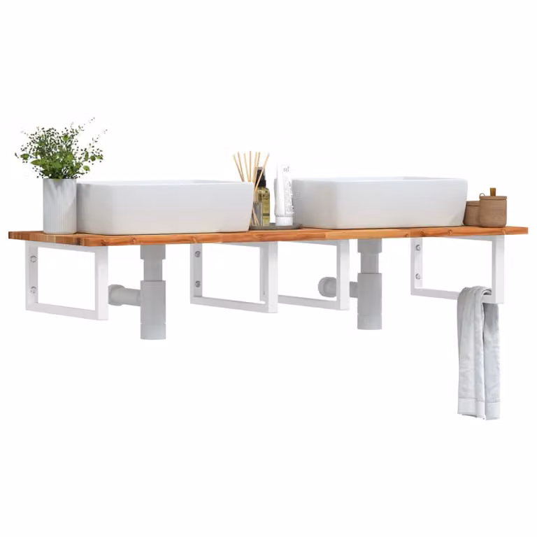 vidaXL Ripiano a Parete per Lavabo in Acciaio e Legno di Acacia Olio, Marrone e Bianco