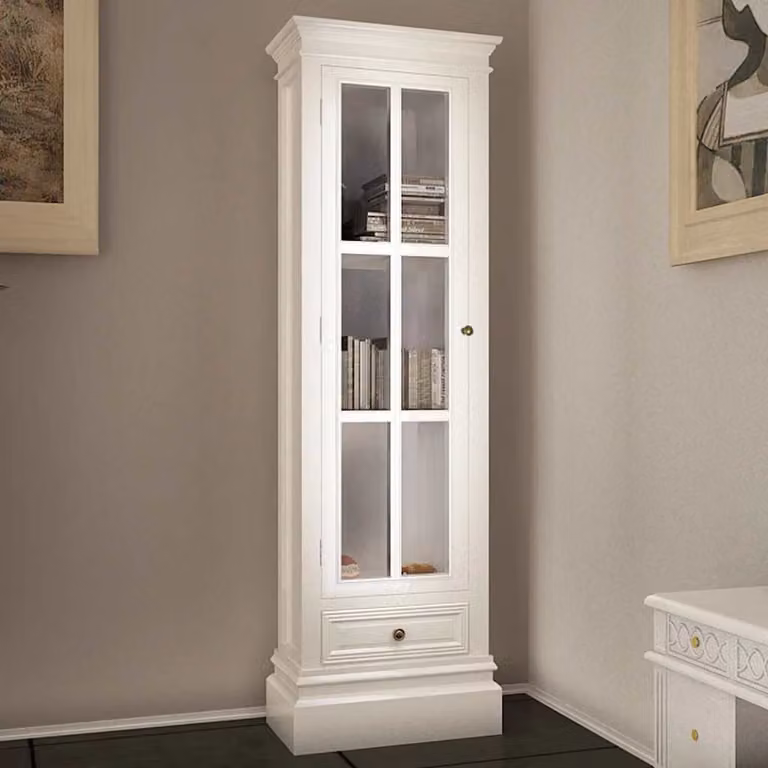 vidaXL Armadietto a Parete in Legno Bianco con Ante in Vetro e Scaffali Aperti, Stile Vintage, H 138 x L 38 x P 25,5 cm
