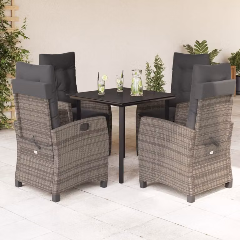 Set da Pranzo da Giardino vidaXL in Polyrattan e Vetro Grigio con 5 Pezzi e Cuscini