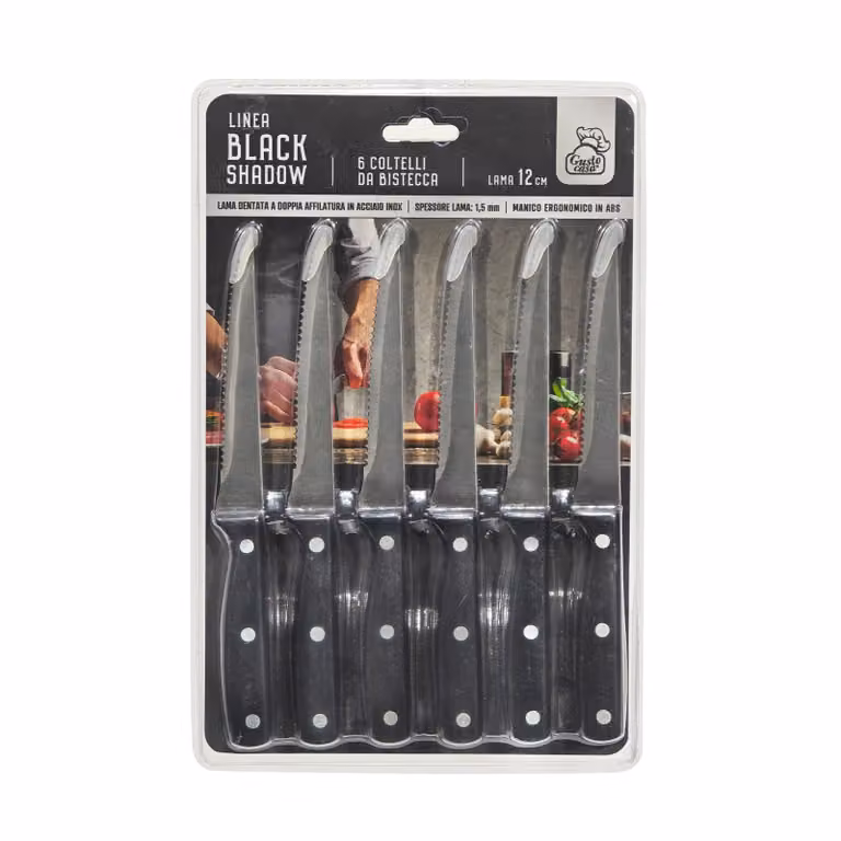 Set di 6 coltelli da bistecca Gusto Casa Linea Black Shadow in acciaio inox con fodero, colore nero
