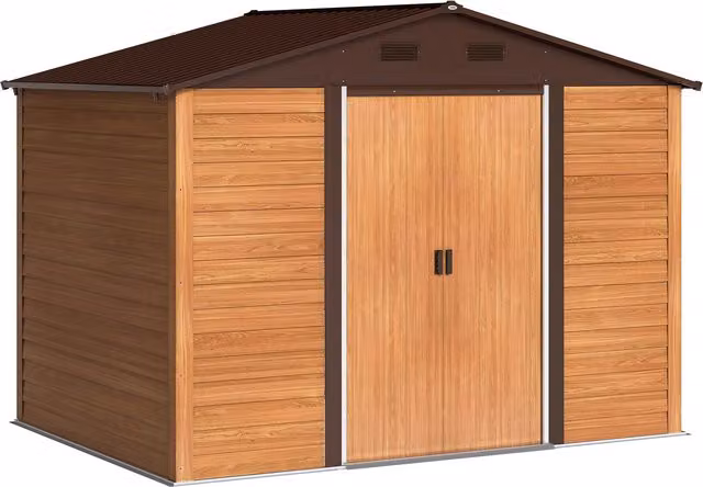 Casetta da Giardino Outsunny in Acciaio con Effetto Legno e Doppie Porte Scorrevoli, Marrone, L: 278 cm, P: 195 cm, H: 215 cm