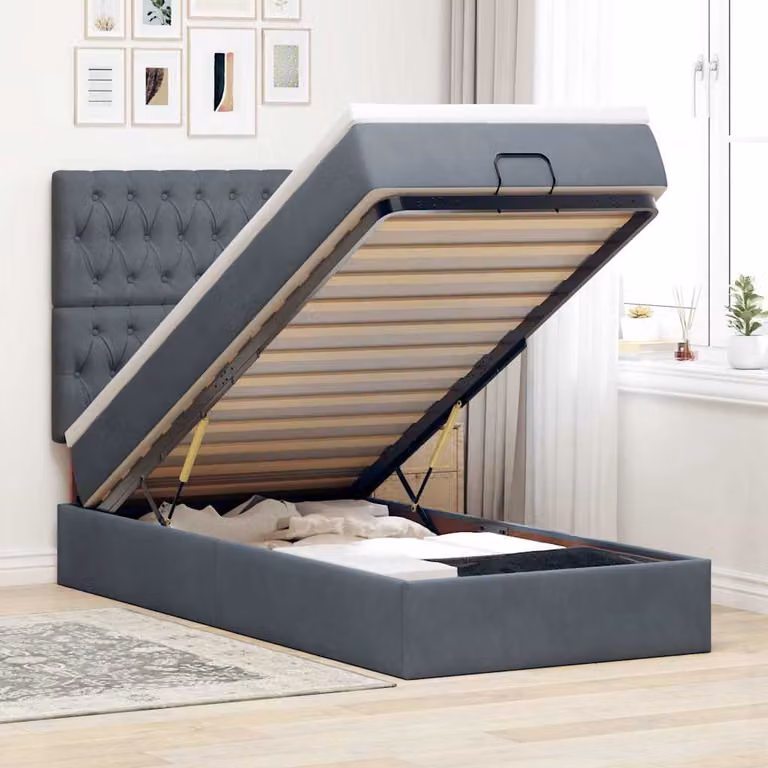 Letto con Pouf e Materasso vidaXL in Velluto con Base a Sollevamento, Illuminazione Sotto il Letto e Porte USB, L/P/H: 203 x 140 x 128 cm