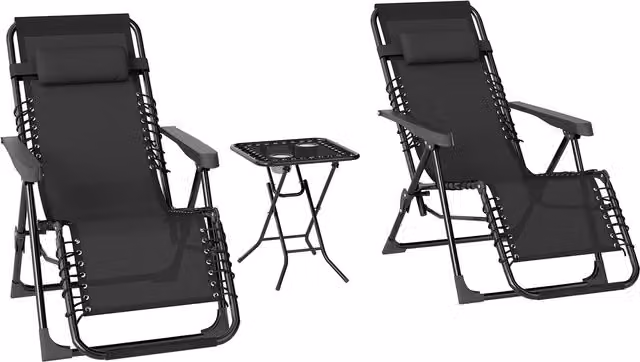 Set di 2 sedie sdraio da giardino Outsunny Zero Gravity con tavolino e portabicchieri, sedie pieghevoli in tessuto traspirante con poggiatesta regolabile e schienale a 5 livelli, Nero