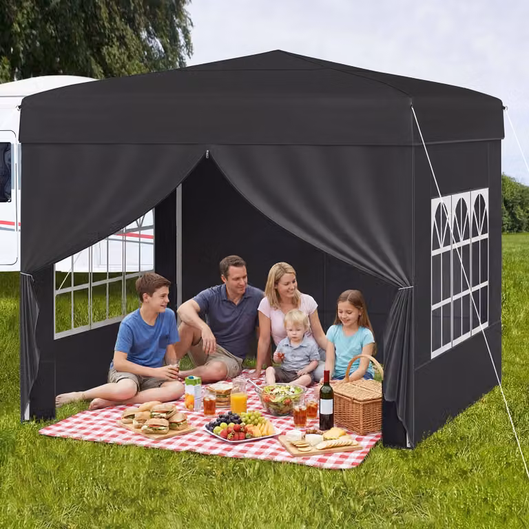Gazebo da giardino pieghevole Costway con 4 pannelli laterali impermeabili e altezza regolabile, Nero